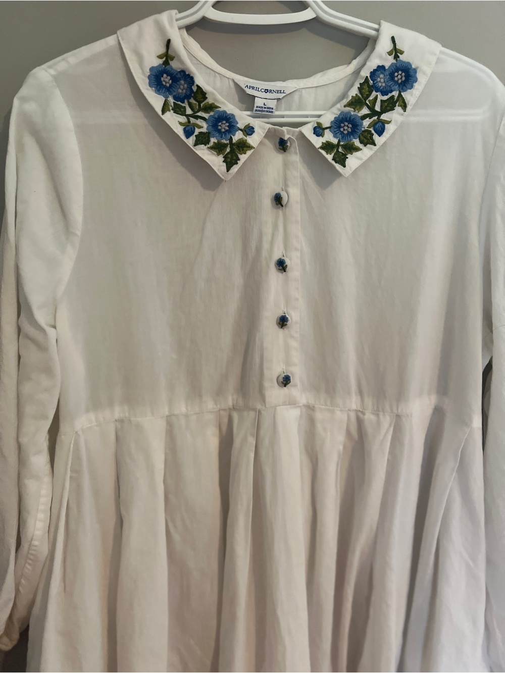 April Cornell White Long Sleeve Pleated Dress Floral EmbroideredPeter Pan Collar